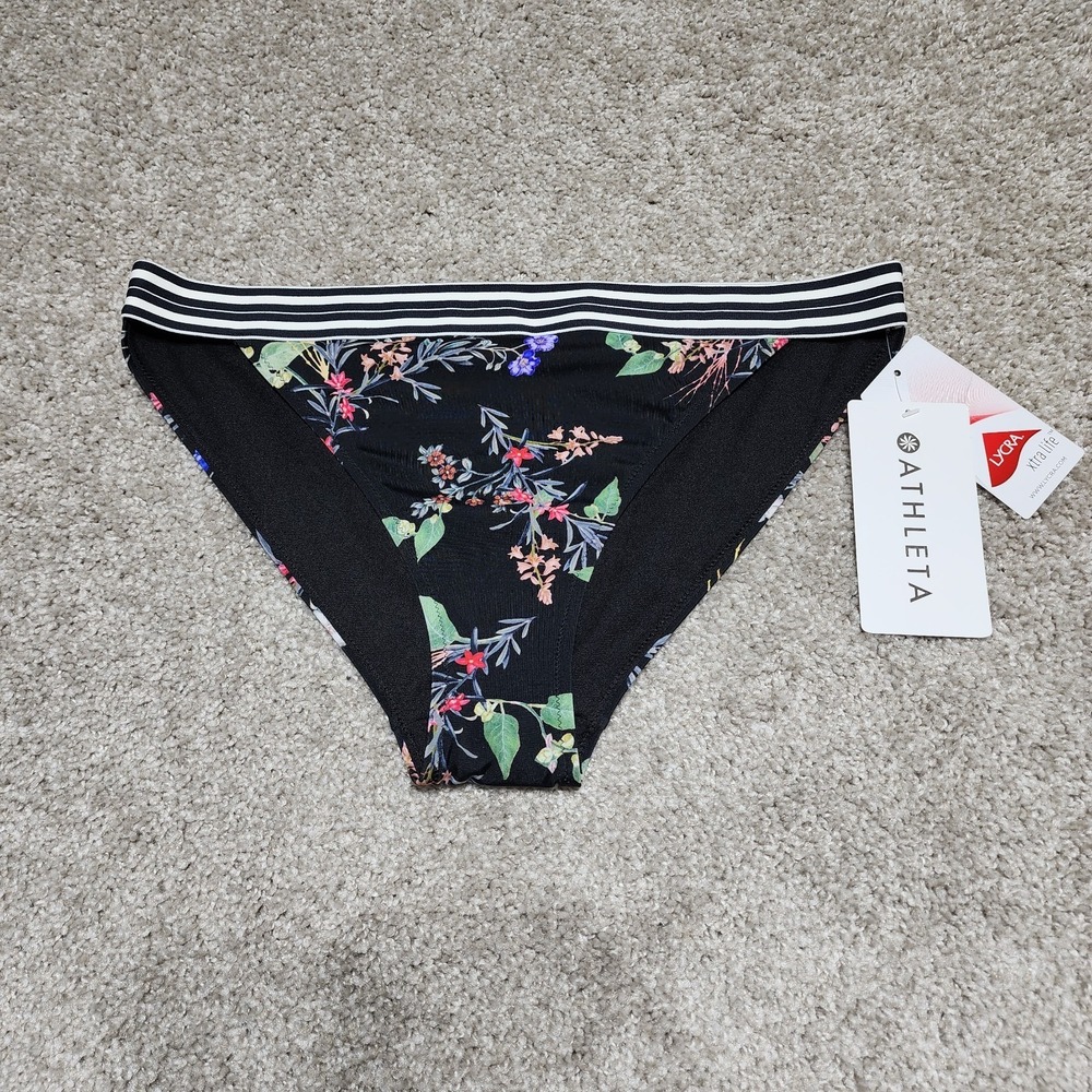 NWT Athleta Gold Coast Floral Banded Bikini Bottom Size M Black Striped Low-Rise